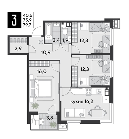 
  Продается 3-комн. квартира, 79.7 м², ЖК Парк Победы 2, литера 21
. Фото 1.