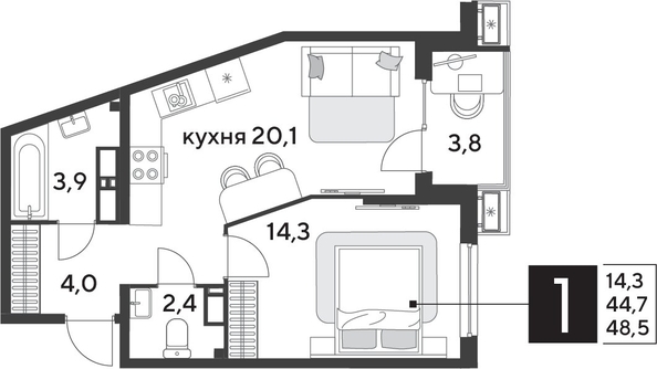 
  Продается 1-комн. квартира, 48.5 м², ЖК Парк Победы 2, литера 28
. Фото 1.
