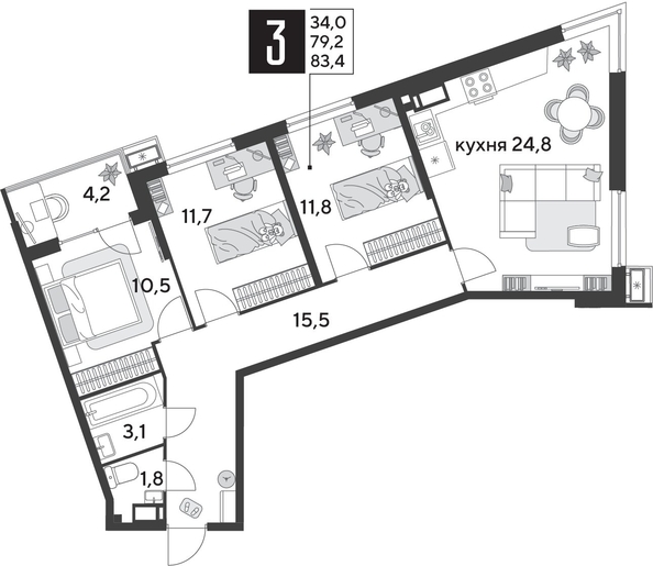 
  Продается 3-комн. квартира 83.4 м², в ЖК Парк Победы 2, литера 28. Фото 4.