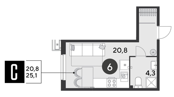 
  Продается студия, 25.1 м², ЖК Парк Победы 2, литера 6
. Фото 1.
