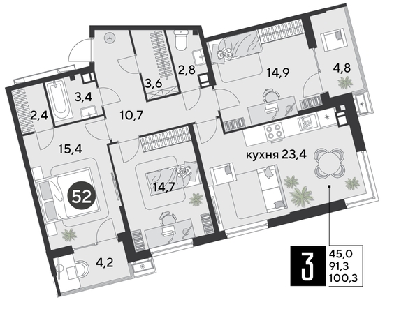 
  Продается 3-комн. квартира 100.3 м², в ЖК Парк Победы 2, литера 6. Фото 1.