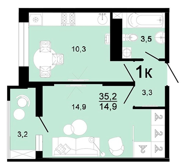 
  Продается 1-комн. квартира, 35.2 м², ЖК Горячий, литера 1
. Фото 1.