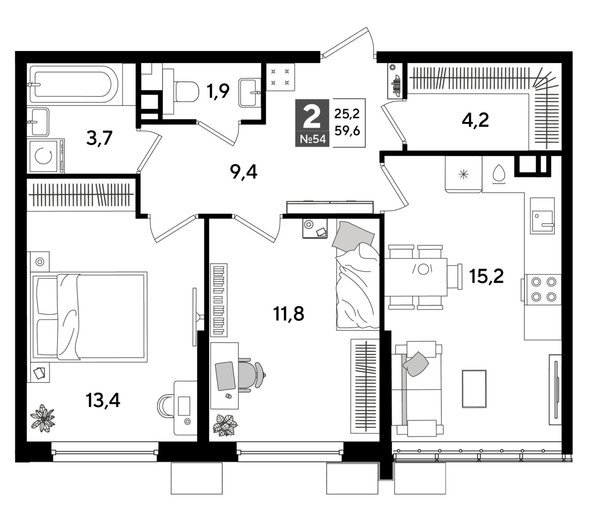 
  Продается 2-комн. квартира, 58.8 м², ЖК DOGMA PARK (Догма парк), литера 19
. Фото 1.