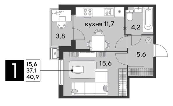 
  Продается 1-комн. квартира, 40.9 м², ЖК Парк Победы 2, литера 21
. Фото 1.