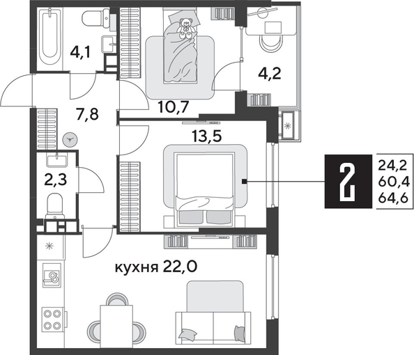 
  Продается 2-комн. квартира, 64.6 м², ЖК Парк Победы 2, литера 28
. Фото 1.