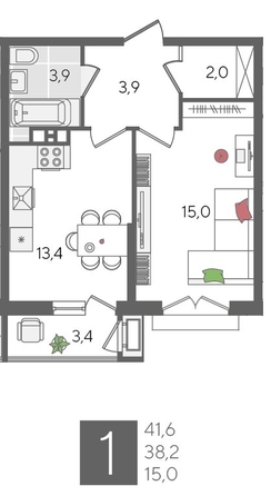 
  Продается 1-комн. квартира 41.6 м², в ЖК Рекорд 2, литера 5. Фото 1.