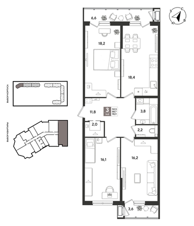 
  Продается 3-комн. квартира 98.9 м², в ЖК Рекорд 2, литера 2. Фото 1.