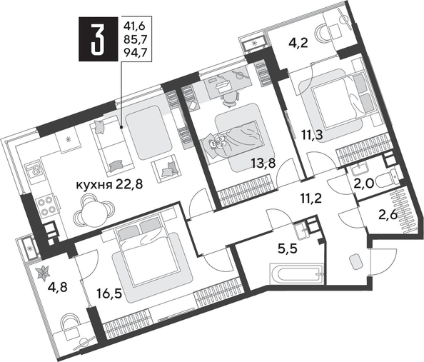 
  Продается 3-комн. квартира 94.7 м², в ЖК Парк Победы 2, литера 28. Фото 2.