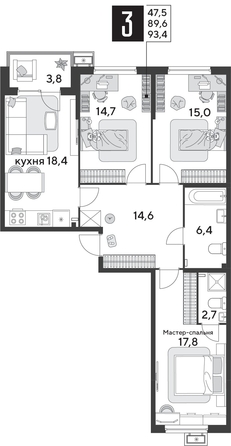 
  Продается 3-комн. квартира 93.4 м², в ЖК Парк Победы 2, литера 31. Фото 1.
