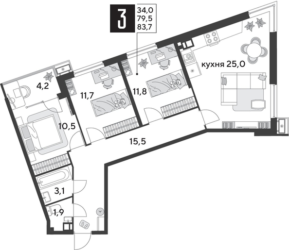 
  Продается 3-комн. квартира 83.7 м², в ЖК Парк Победы 2, литера 28. Фото 1.
