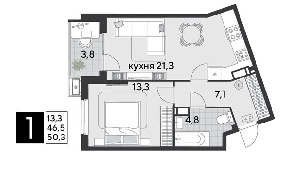 
  Продается 1-комн. квартира 50.3 м², в ЖК Парк Победы 2, литера 19. Фото 1.