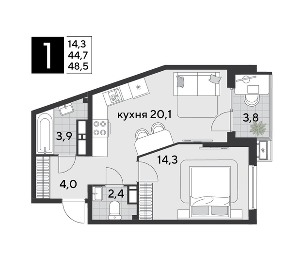 
  Продается 1-комн. квартира 48.5 м², в ЖК Парк Победы 2, литера 21. Фото 1.