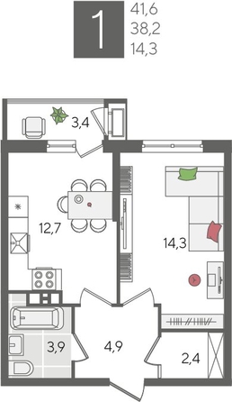 
  Продается 1-комн. квартира 41.6 м², в ЖК Рекорд 2, литера 5. Фото 1.