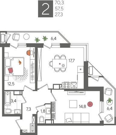 
  Продается 2-комн. квартира 70.3 м², в ЖК Рекорд 2, литера 5. Фото 1.