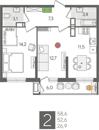 
  Продается 2-комн. квартира 58.6 м², в ЖК Рекорд 2, литера 5. Фото 1.