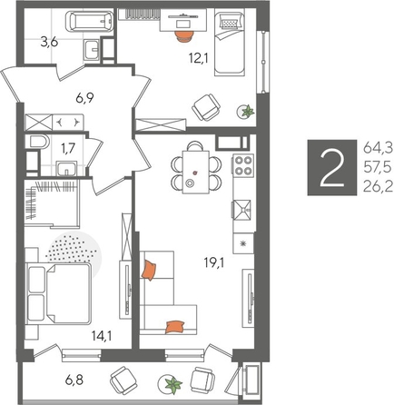 
  Продается 2-комн. квартира 64.3 м², в ЖК Рекорд 2, литера 5. Фото 1.