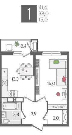
  Продается 1-комн. квартира 41.4 м², в ЖК Рекорд 2, литера 5. Фото 1.