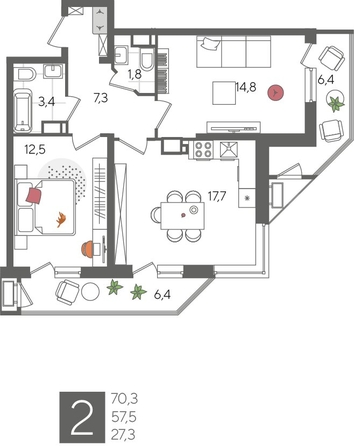
  Продается 2-комн. квартира 70.3 м², в ЖК Рекорд 2, литера 5. Фото 1.