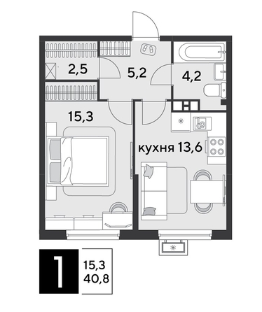 
  Продается 1-комн. квартира 40.8 м², в ЖК Парк Победы 2, литера 20. Фото 1.