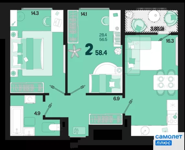 
  Продается 2-комн. квартира 58.4 м², в ЖК Первое место, квартал 1.1, литер 1. Фото 15.