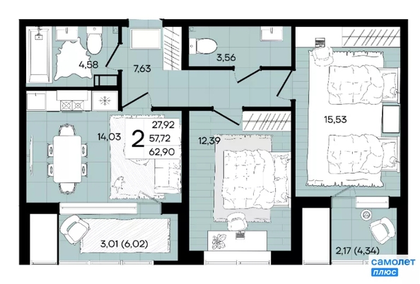 
  Продается 2-комн. квартира 52.9 м², в ЖК Народные Кварталы, литер 1. Фото 21.