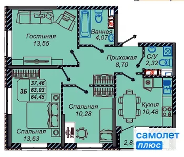 
  Продается 3-комн. квартира 64.5 м², в ЖК Парковый, литер 1. Фото 7.