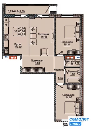 
  Продается 3-комн. квартира 84.25 м², в ЖК Парковый, литер 1. Фото 7.