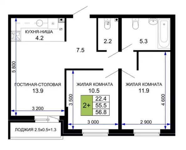
  Продается 2-комн. квартира 56.8 м². Фото 1.