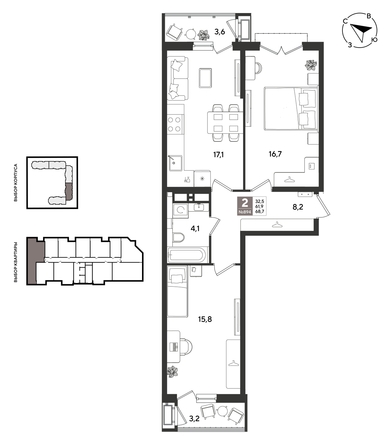 
  Продается 2-комн. квартира 69 м², в ЖК Рекорд 2, литера 1. Фото 1.