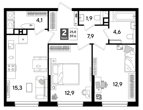 
  Продается 2-комн. квартира 59.1 м², в ЖК ДОГМА ПАРК, литера 15. Фото 1.