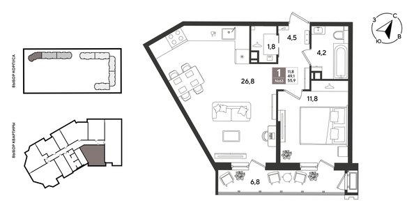 
  Продается 1-комн. квартира 56 м², в ЖК Рекорд 2, литера 2. Фото 1.