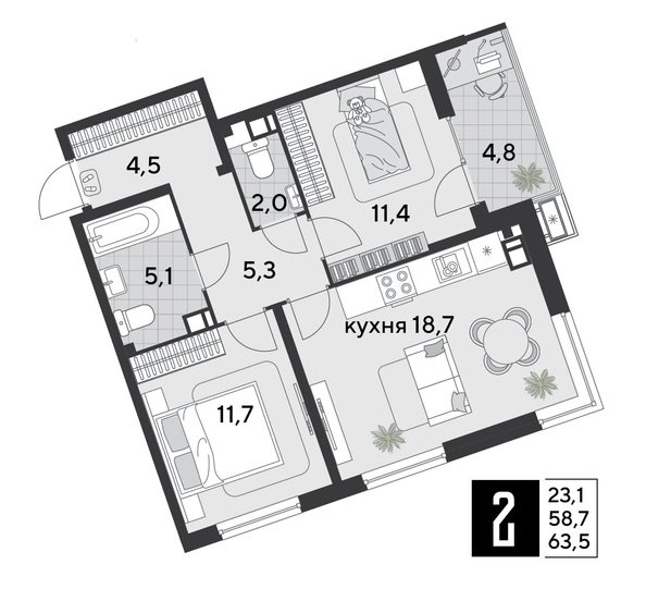 
  Продается 2-комн. квартира 63.5 м², в ЖК Парк Победы 2, литера 19. Фото 1.