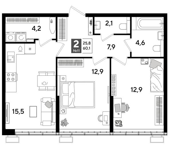 
  Продается 2-комн. квартира 59.5 м², в ЖК ДОГМА ПАРК, литера 15. Фото 1.