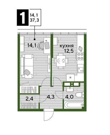 
  Продается 1-комн. квартира 37.3 м², в ЖК ДОГМА ПАРК, литера 9. Фото 1.