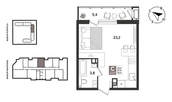 
  Продается студия 32 м², в ЖК Рекорд 2, литера 1. Фото 1.