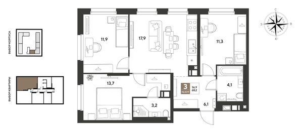 
  Продается 3-комн. квартира 68.2 м², в ЖК ГРЕЙД, литер 13. Фото 1.