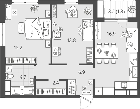 
  Продается 2-комн. квартира 60.95 м², в ЖК Все Свои ВИП, литер 8. Фото 1.