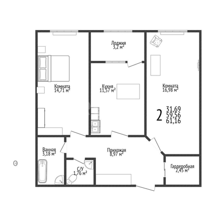 
  Продается 2-комн. квартира 60.1 м², в ЖК Кубанский, литера 5.1. Фото 1.