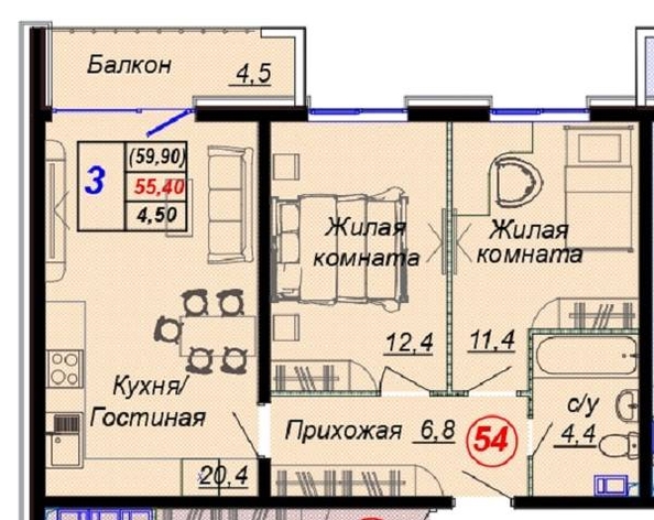 
   Продам 3-комнатную, 59.1 м², Российская ул, 6/21

. Фото 2.