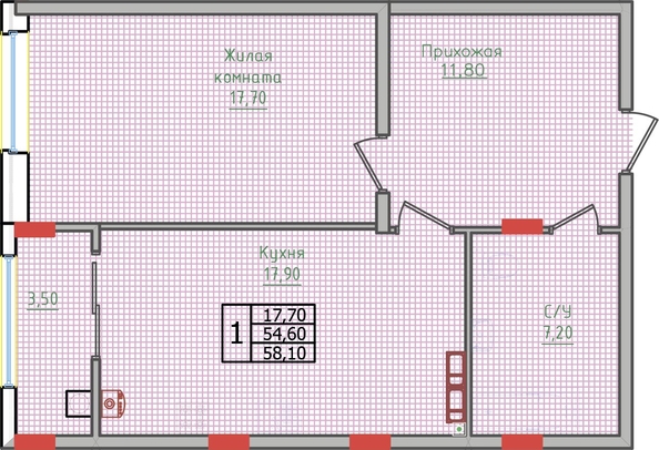 
  Продается 1-комн. квартира, 58.1 м², ЖК Суворов, дом 5
. Фото 2.