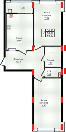 
  Продается 2-комн. квартира, 62.1 м², ЖК Суворов, дом 6
. Фото 2.