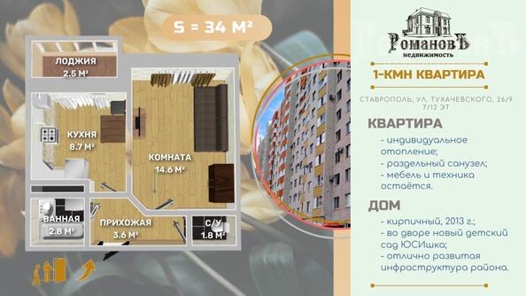 
  Продается 1-комн. квартира, 34 м², Тухачевского ул, д. 26/9
. Фото 2.