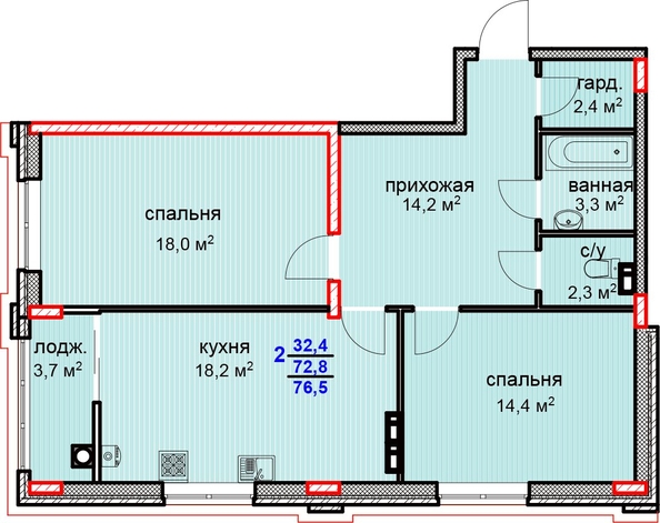 
   Продам 2-комнатную, 76.5 м², Суворов, дом 1

. Фото 2.