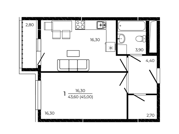
  Продается 1-комн. квартира 45 м², в ЖК ПРИТЯЖЕНИЕ, литер 3. Фото 1.