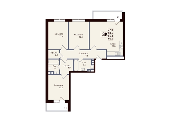 
  Продается 3-комн. квартира 88.3 м², в ЖК Академия, 1 этап. Фото 1.
