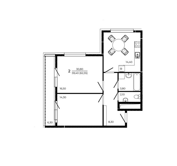 
  Продается 2-комн. квартира 62.55 м², в ЖК ПРИТЯЖЕНИЕ, литер 3. Фото 1.