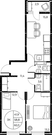 
   Продам 3-комнатную, 60.3 м², Панорама на Театральном, литера 1

. Фото 4.