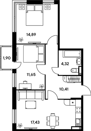 
   Продам 3-комнатную, 61.73 м², Малина Парк, дом 1

. Фото 1.