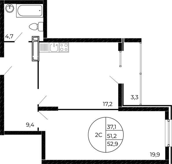 
   Продам 2-комнатную, 53.2 м², Флора, литера 1.2

. Фото 1.