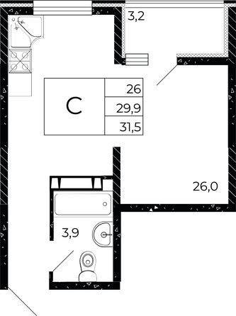 
   Продам студию, 31.5 м², Флора, литера 3.1

. Фото 1.